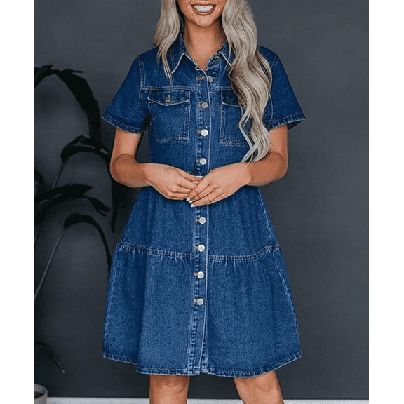 Women's Button Down Denim Babydoll Dress Lapel Collar Short Sleeve Flowy Tiered Ruffle Jeans Midi Dress