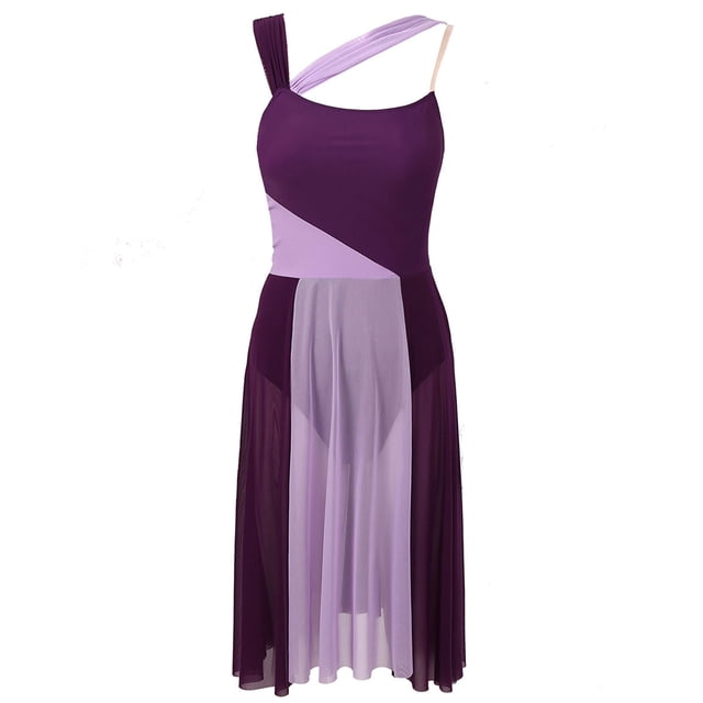RUNQHUI Robe Justaucorps Sans Manches en Mesh à Blocs de Couleur pour Femmes, Danse Moderne Contemporaine, Violet TG