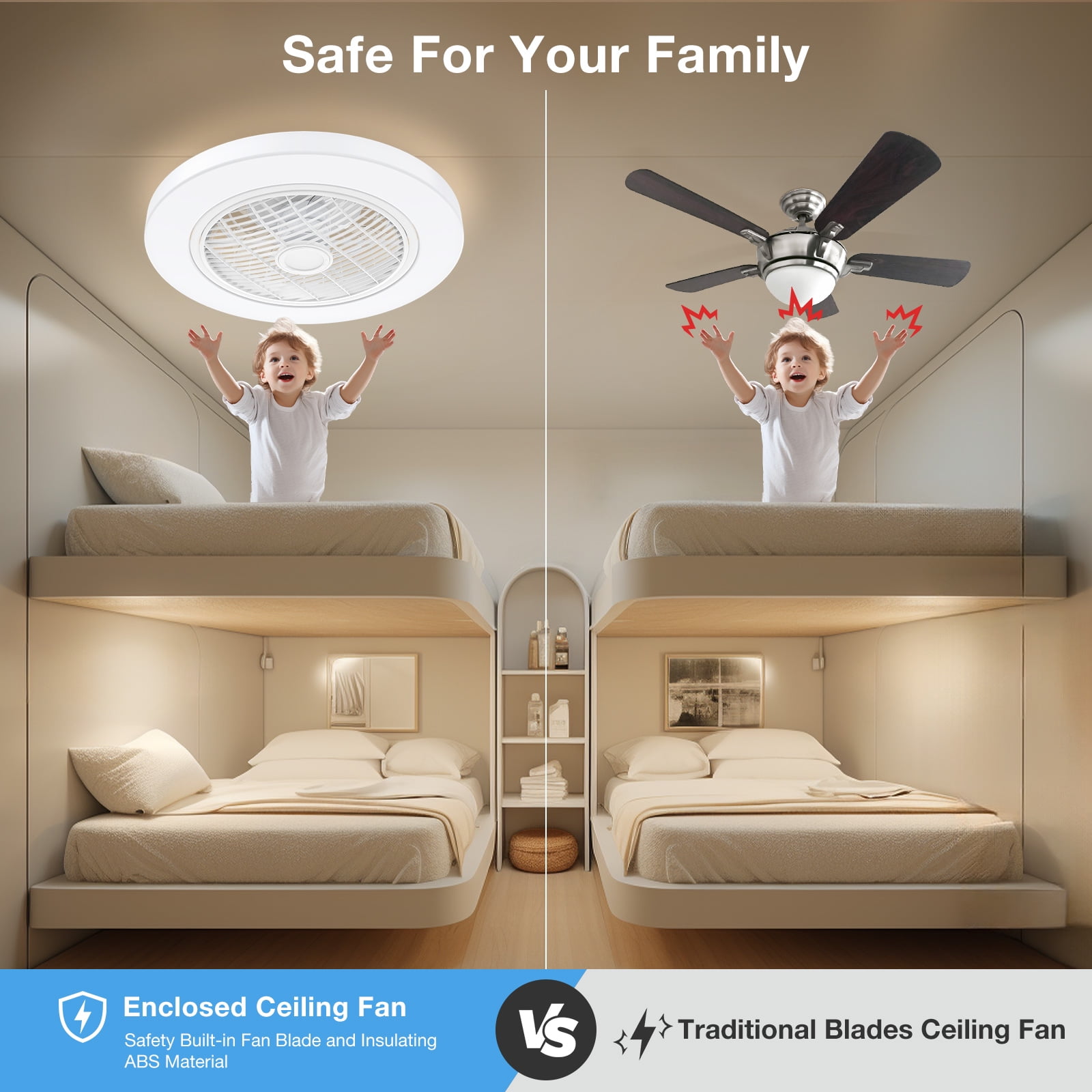 BLITZWILL 21in Ceiling Fan with Light, 6-Speed Reversible, Dimmable LED Timing with Remote & APP Control, Modern Bladeless Flush Mount Ceiling Fan, White