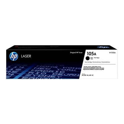 toner hp 105a negro Caja rectangular frontal del cartucho toner HP 105A en empaque negro y azul con etiqueta blanca que muestra "105A", logotipo HP, mención de tecnología de impresión láser y rendimiento aprox. 1000 páginas, sobre fondo blanco.
