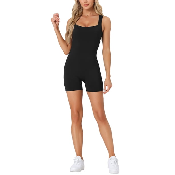 Mono de una pieza de Allegra K para mujer con escote cuadrado, atuendos de jumpsuit cortos elásticos y casuales negro XS