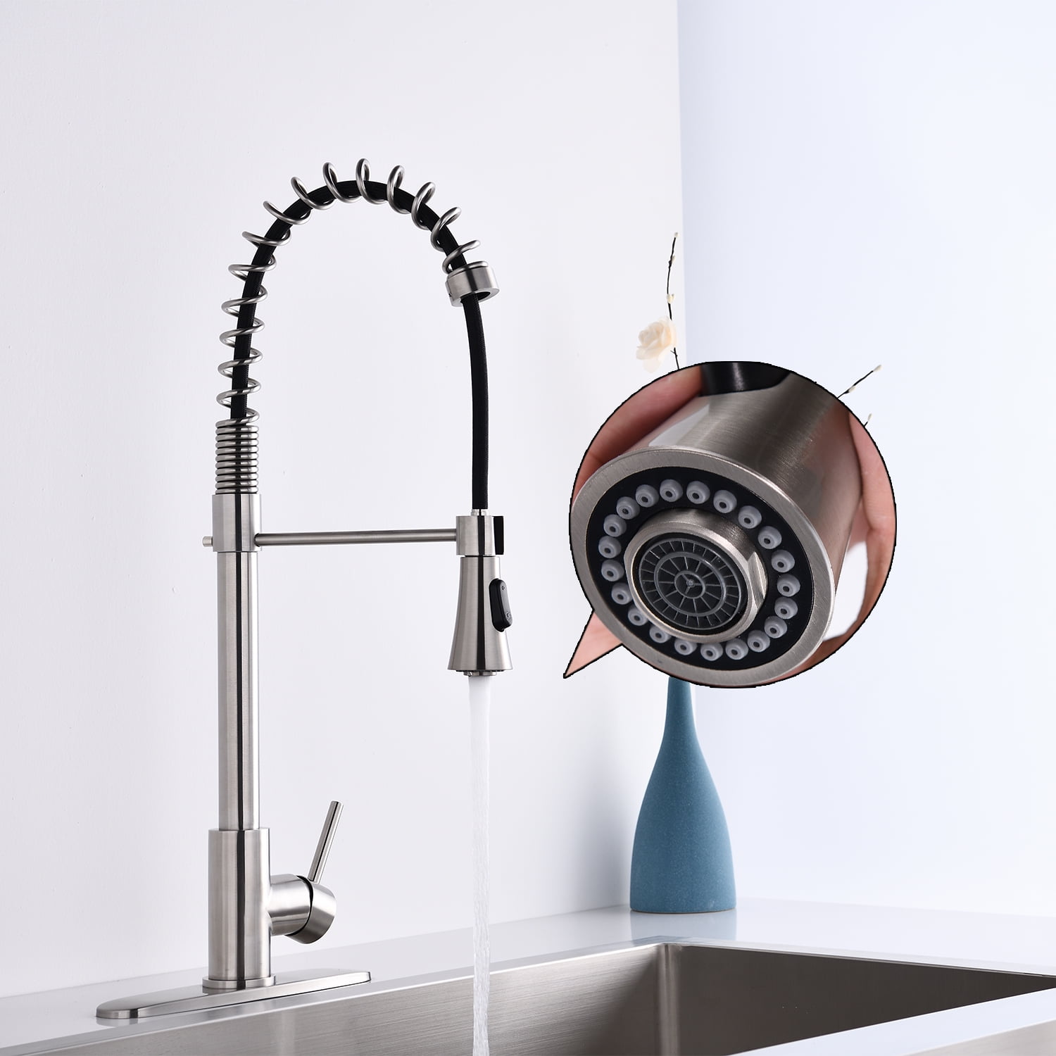 Izzovium Commercial Modern Single Handle Spring High Arc Kitchen Faucet, 23.62" Height, 8" Spout Reach, 1.8GPM Flow Rate, Brushed Nickel Finish, Stainless Steel Construction