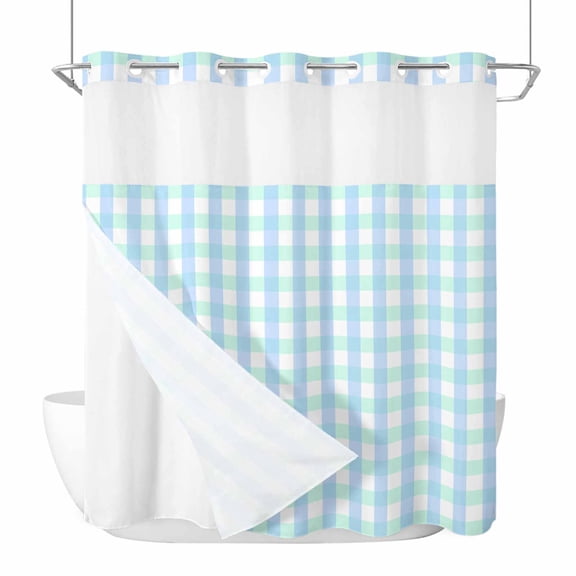 Aqua Blue Green No Hook Shower Curtain Waterproof,Bathroom Curtains with Snap in Liners and See Through Top Window,Checkered Plaid Gingham Lattice Trellis Hotel Bathtub Curtains Shower 66"Wx72"L