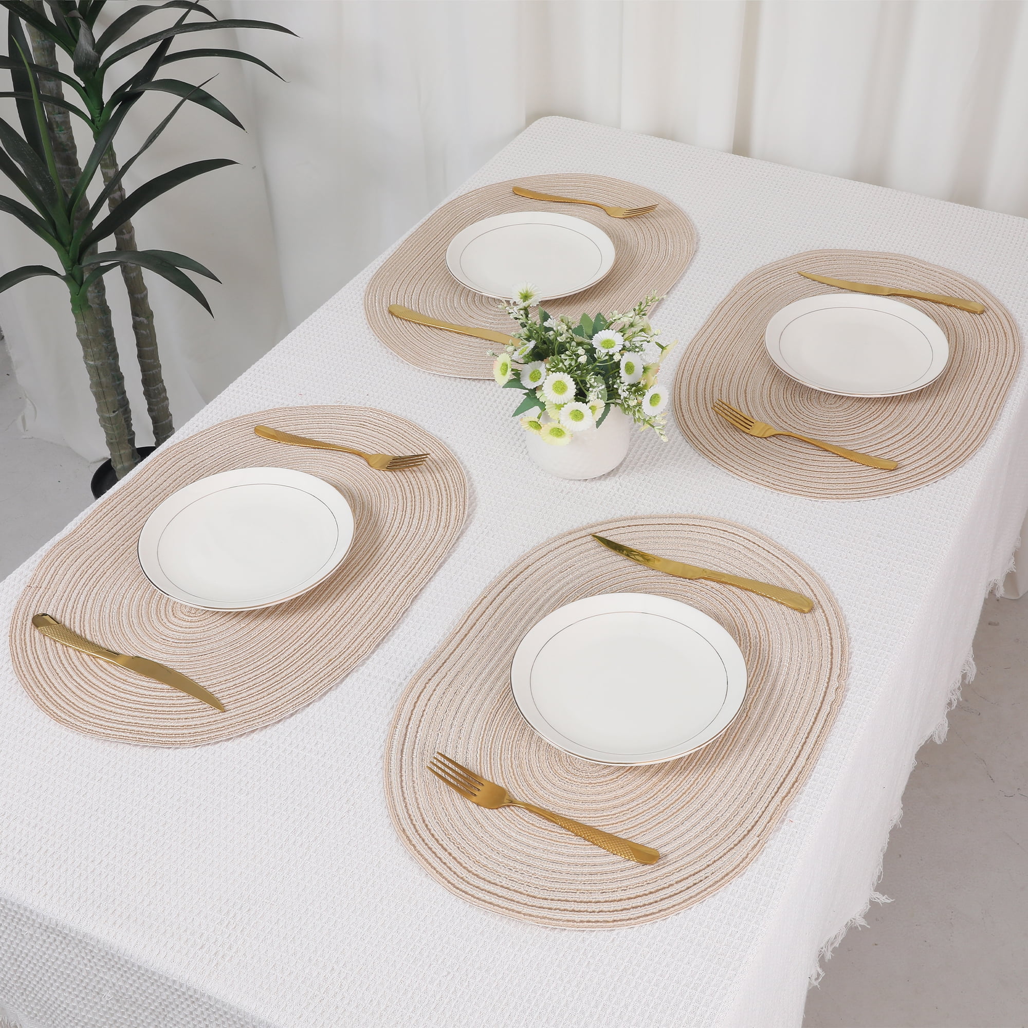 Unique Bargains Farmhouse Placemats Oval Placemats for Dining Table 6pk Beige 19.7x14Inch