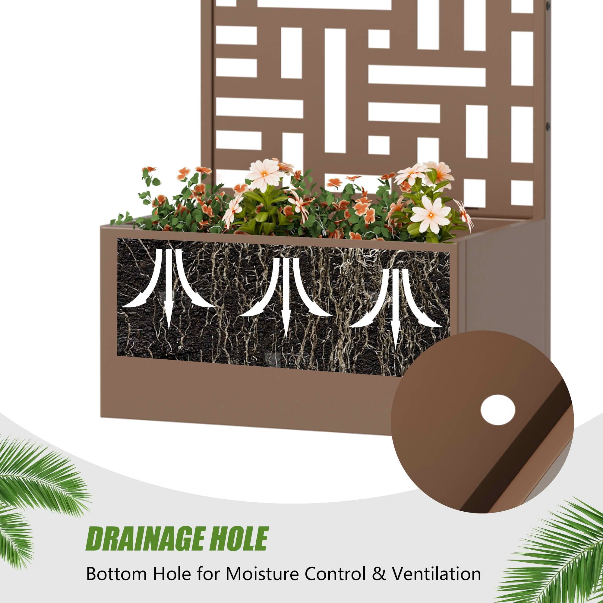 MAYEERTY 47X24" Metal Outdoor Brown Privacy Screen with Planter Box for Backyard & Garden, 2 Piece Set