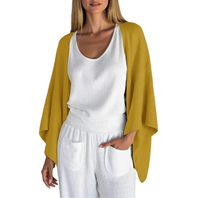 KIHOUT Women's Fashion Cardigan Shrug 3/4 Sleeve Open Front Solid Color Loose Lightweight Cover Ups