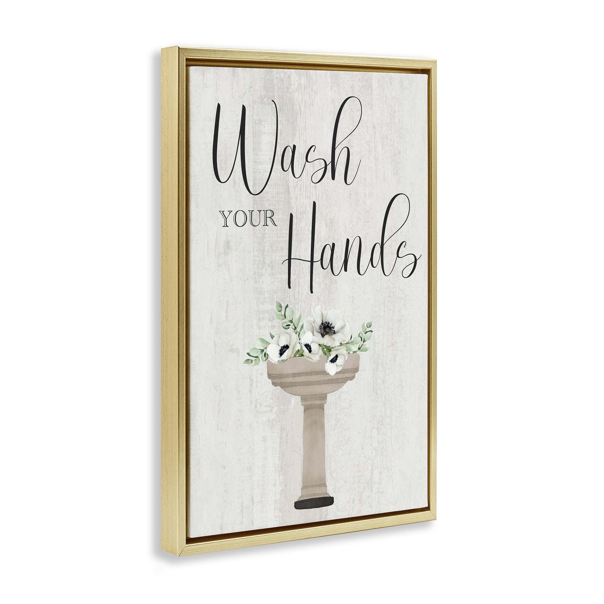 Stupell Industries Wash Your Hands Poppies Bath & Laundry Painting Gold Floater Framed Canvas Art Print Wall Art, 21 x 31