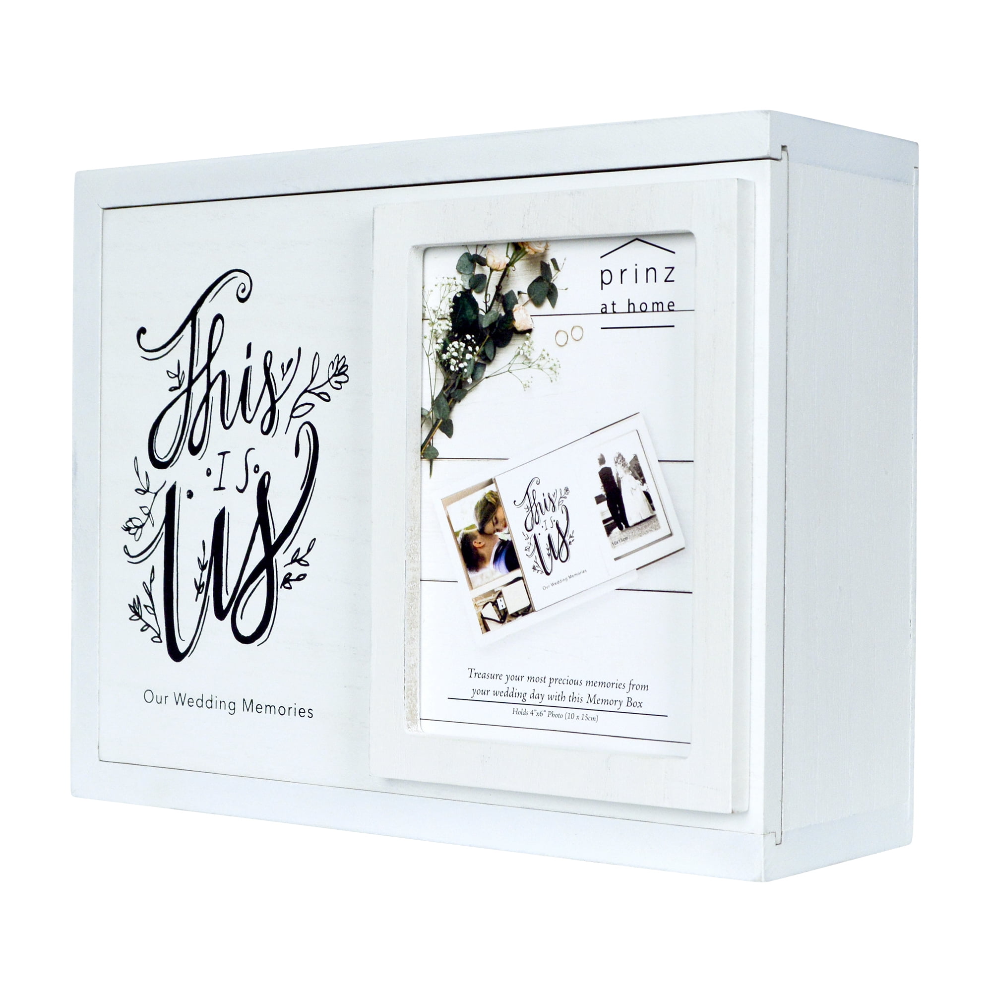Prinz Decorative Wedding Memories Keepsake Box, Sliding Lid with 4” x 6” Photograph Holder, White