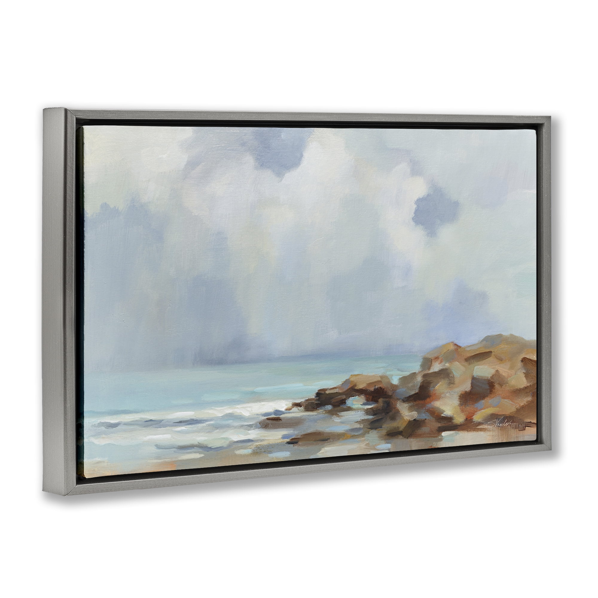 Stupell Industries Morning at Stone Beach Landscape & Nature Painting Gray Floater Framed Canvas Art Print Wall Art, 25 x 17