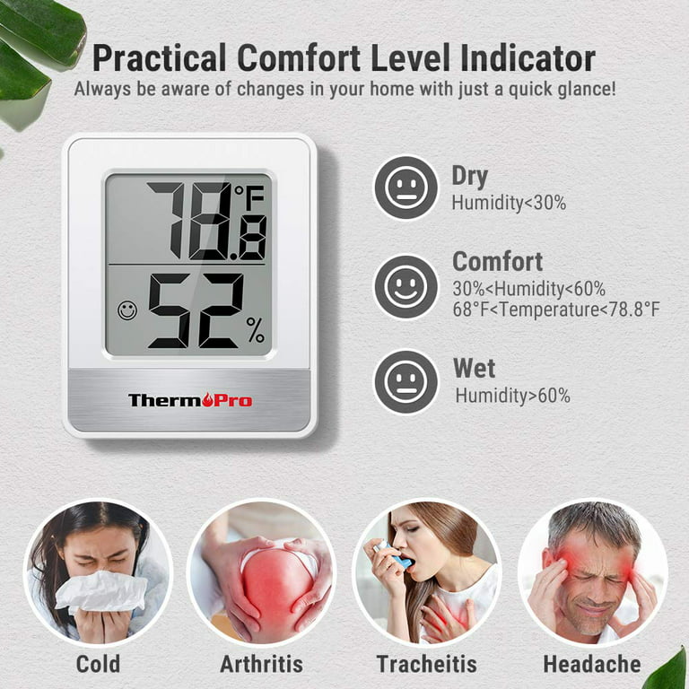 ThermoPro TP49 Indoor Digital Hygrometer Thermometer Temperature Humidity  Meter Room Monitor Mini Hygrometer Thermometer  Tabletop/Wall-mountable/Magnet-mountable White
