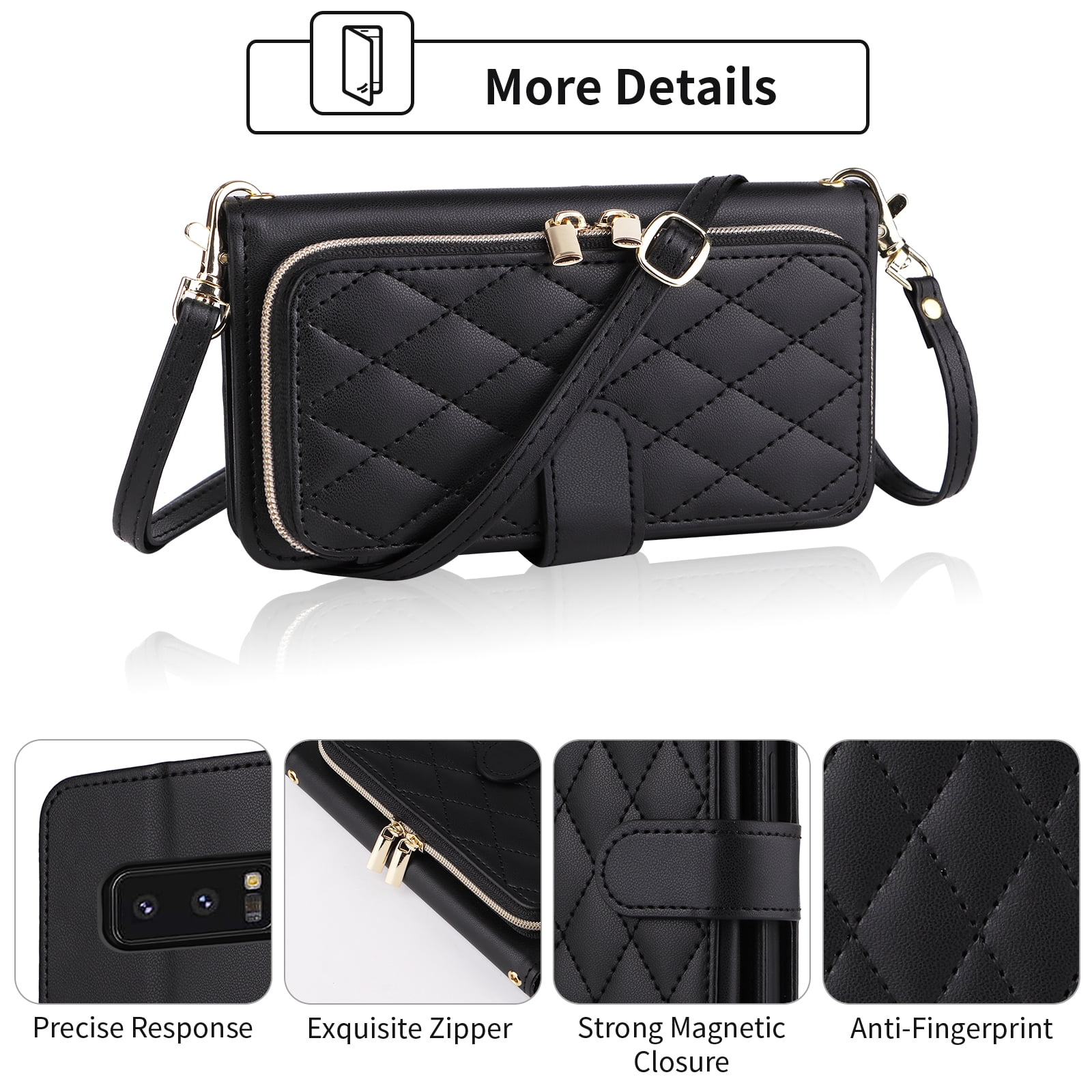 Furiet Wallet Case for Samsung Galaxy Note 8 with Wrist Strap, Crossbody Shoulder Strap, 9+ Card Slots Zipper Purse, Luxury PU Leather Stand Cell Phone Cover for Note8 Not S8 Gaxaly Women Black