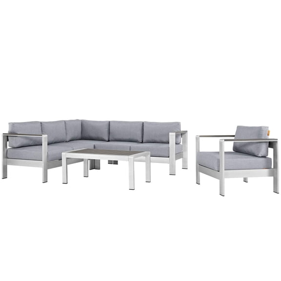 Modway Shore Outdoor Patio Aluminum 5 Piece Deep Sectional Seating Group with Cushions