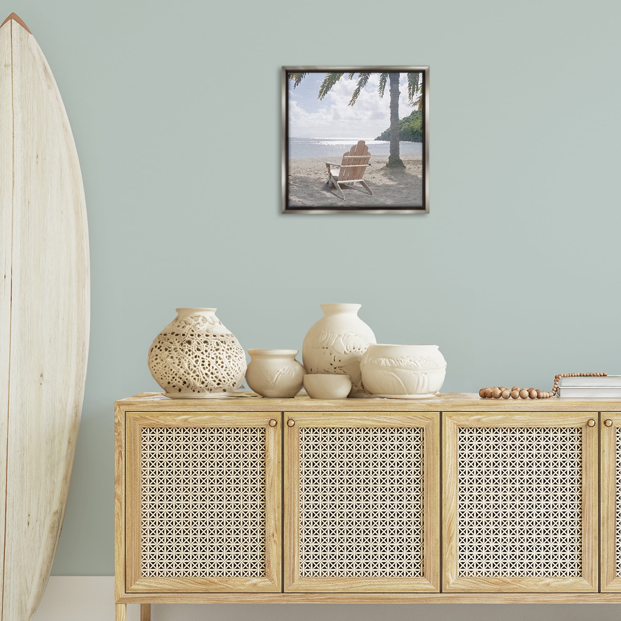 Stupell Industries Chair Under Palm Tree Coastal Photography Gray Floater Framed Canvas Art Print Wall Art, 18 x 18