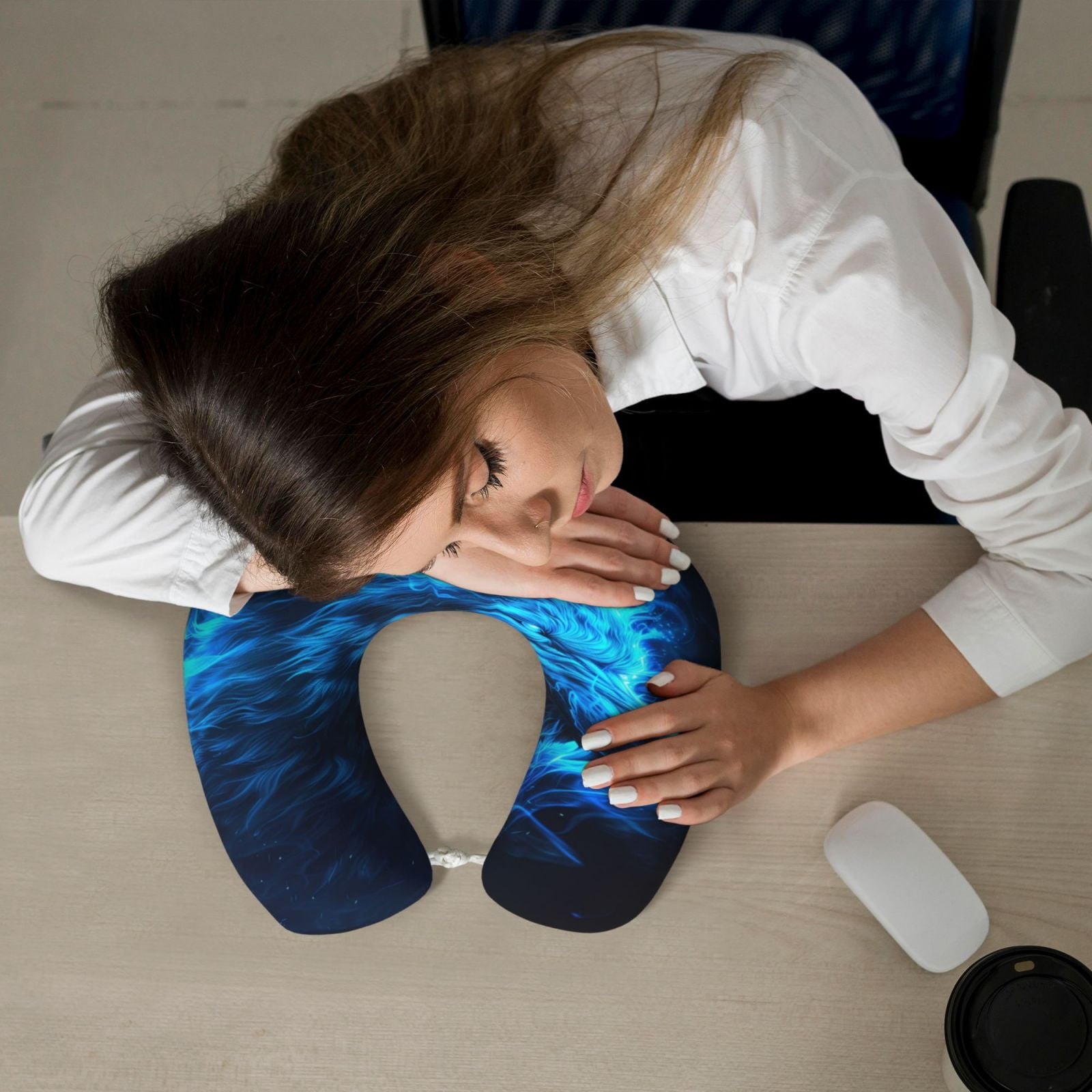 Xecao Blue Fire Wolf Print Memory Foam Cervical Neck Pillow Versatile U-Shaped Pillows for Home,Office,Camping,Travelling,Soft Washable Cover