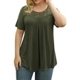 thumbnail image 4 of T-shirt Femme Tunique Plissée Col Rond T-shirt Court Fille Manches Courtes Blouse en Dentelle, Vert Armée, m, 4 of 5
