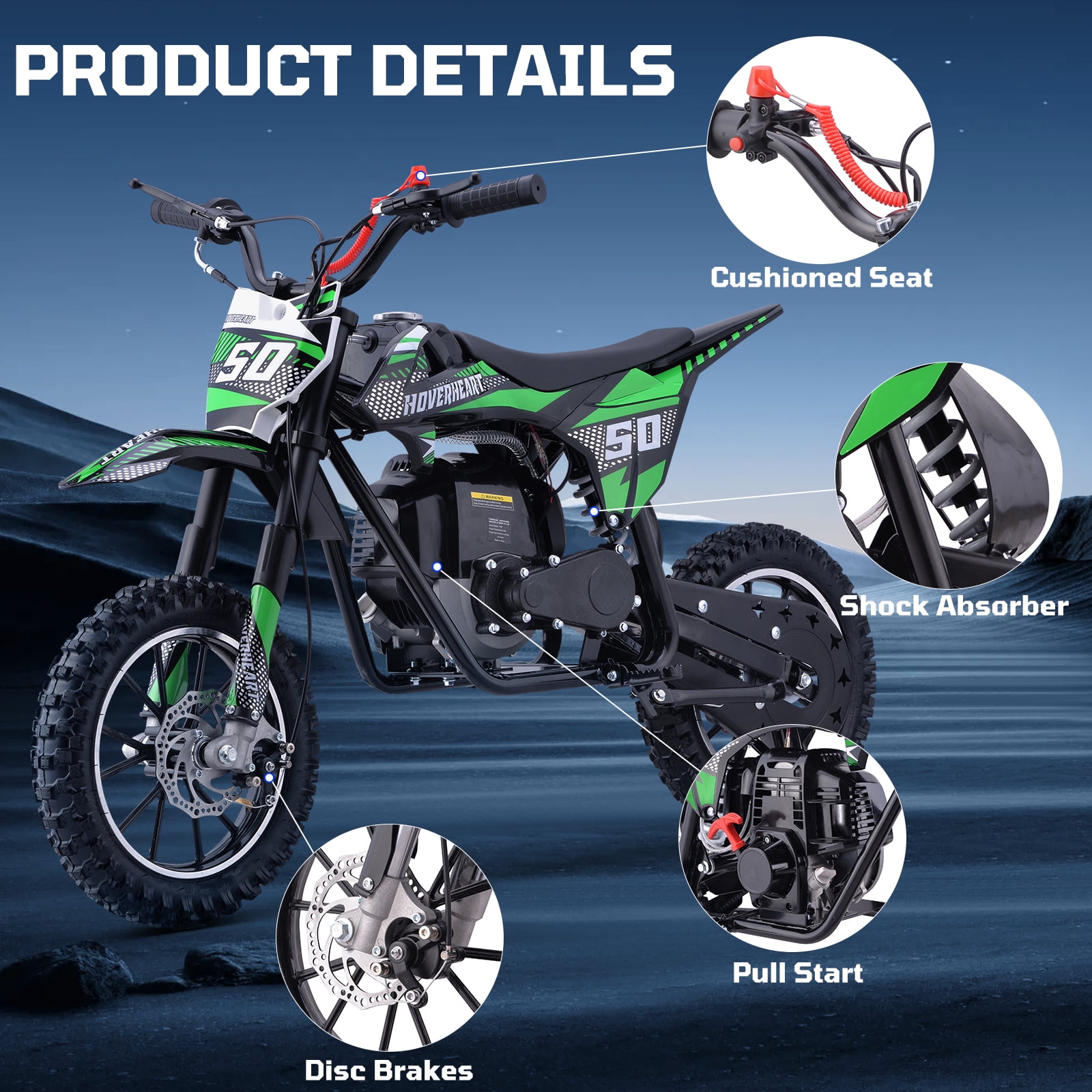 50CC 4-Stroke Dirt Bike for Adults & Teens & Kids,Professional Dirt Bike with Dual Disc Brakes,Double suspension and Anti-slip Off-Road Tires, Gas Dirt Bike Max Load 180 lbs,Green