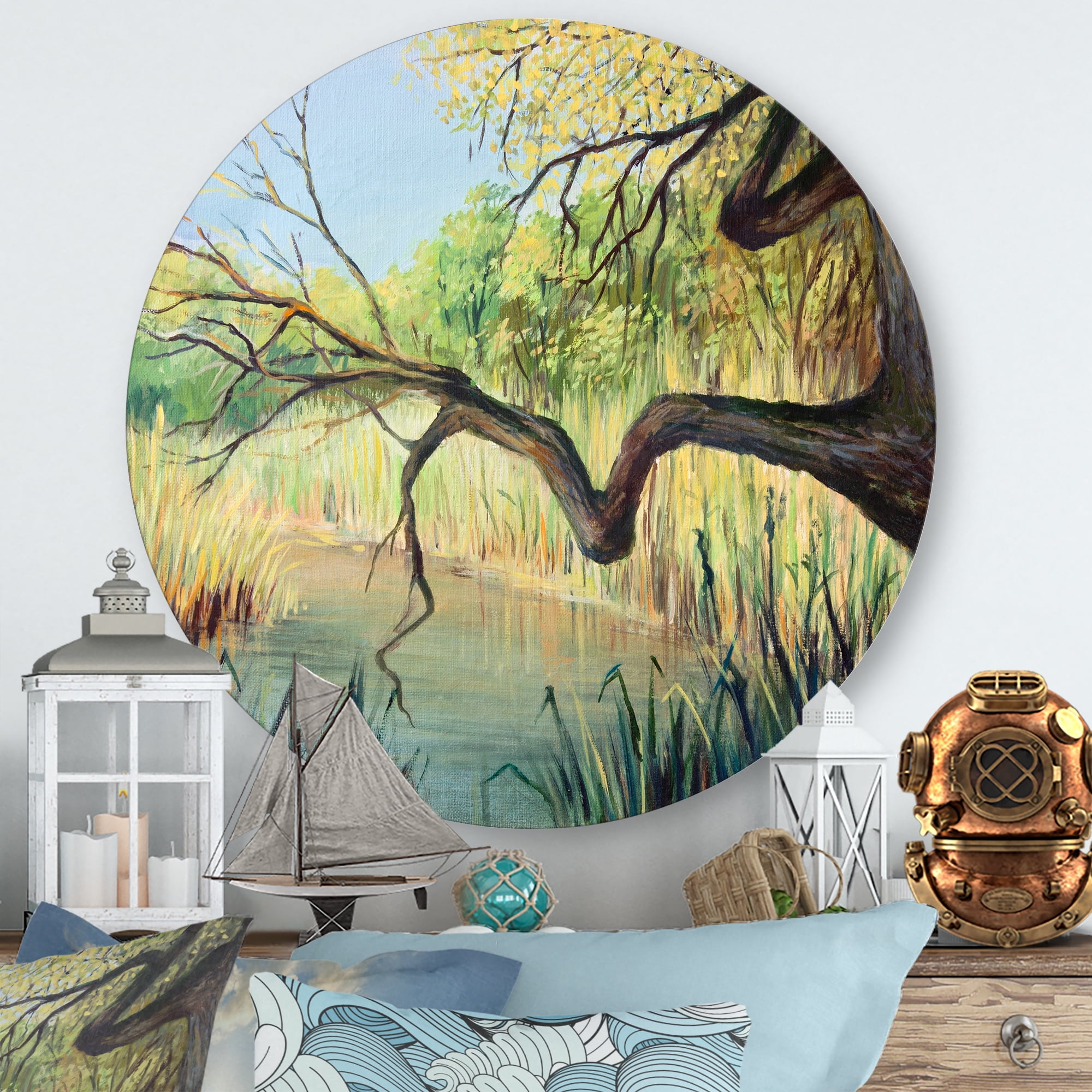 Designart 'The Lake of Silence From The Tree' Lake House Circle Metal Wall Art 11x11 - Disc of 11