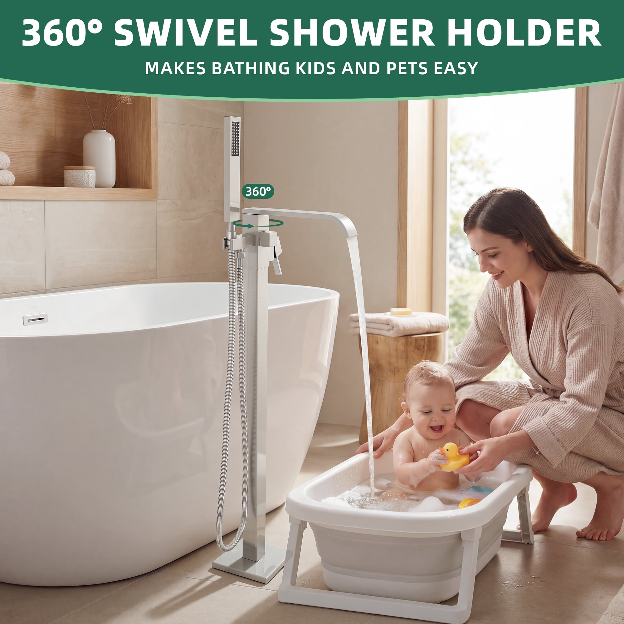 Free Standing Tub Faucet, High Flow Freestanding Bathtub Faucet with Waterfall Spout & Handheld Shower, 360°Swivel Tub Filler, Brass Body, Brushed Nickel