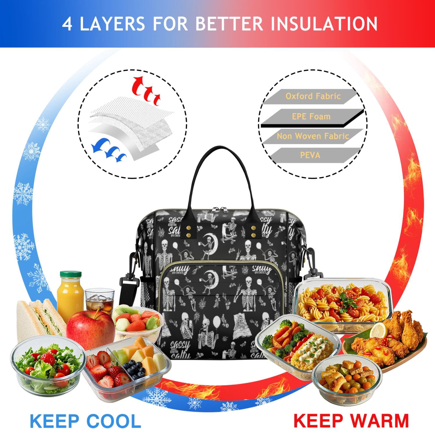Halloween Skeleton Fun Pattern Womens Lunch Box for Work,Insulated Large Lunch Bag for Tween and Teen,Loncheras Para Mujer,Leakproof Adult Lunch Bag for Work,Beach,Travel,Picnic,Camping