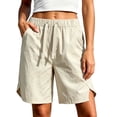 thumbnail image 2 of Costeam Womens Solid Drawstring Elastic Waist Knee Length Bermuda Shorts Side Split Hem Dual Side Hand Pockets Lightweight Woven Loose Fit Summer Casual Short Bottoms, 2 of 8