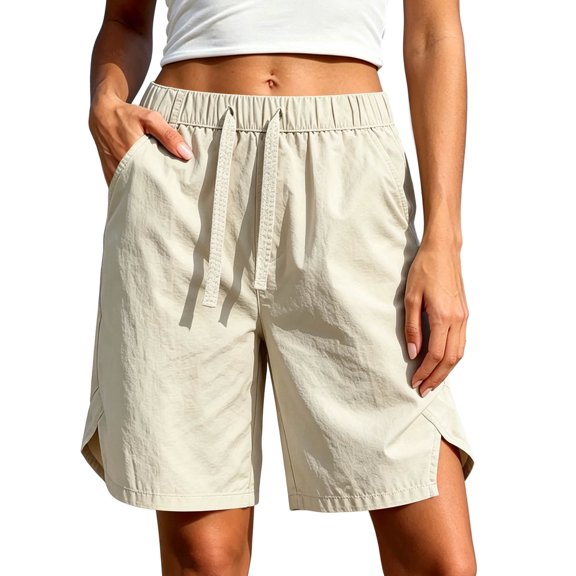 Wensltd Women Casual Shorts Solid Elastic Drawstring Waist Side Pockets Split Hem Lightweight Summer Everyday Shorts