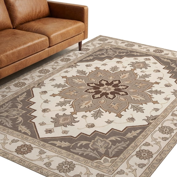 Brown Boho Washable Area Rug 5 x 8 ft Baroque Texture Geometric Abstract Vintage Nordic Style Soft Non‑Slip Rugs Stain Repellent Indoor Mats for Spacious Family Room, Long Dining‑Table, Sunroom
