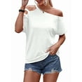 thumbnail image 3 of Women'S Off the Shoulder Top Short Sleeve Cutout Asymmetrical Neck T Shirt White L, 3 of 4
