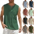 thumbnail image 3 of Men's Tank Blouse Cotton Linen Casual Shirts Solid Color Fashion Sleeveless Lace-Up Tee Shirts, 3 of 3