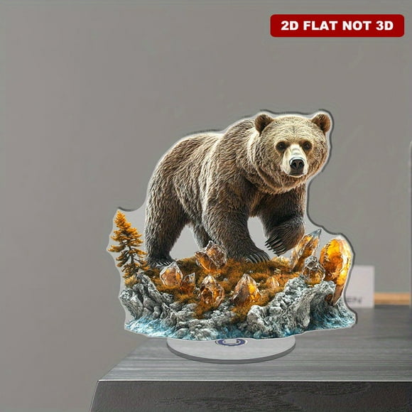 Rotating acrylic ornament featuring a German grizzly bear on cyan moss surrounded by oaks and crystal ambers in a warm harmonious setting