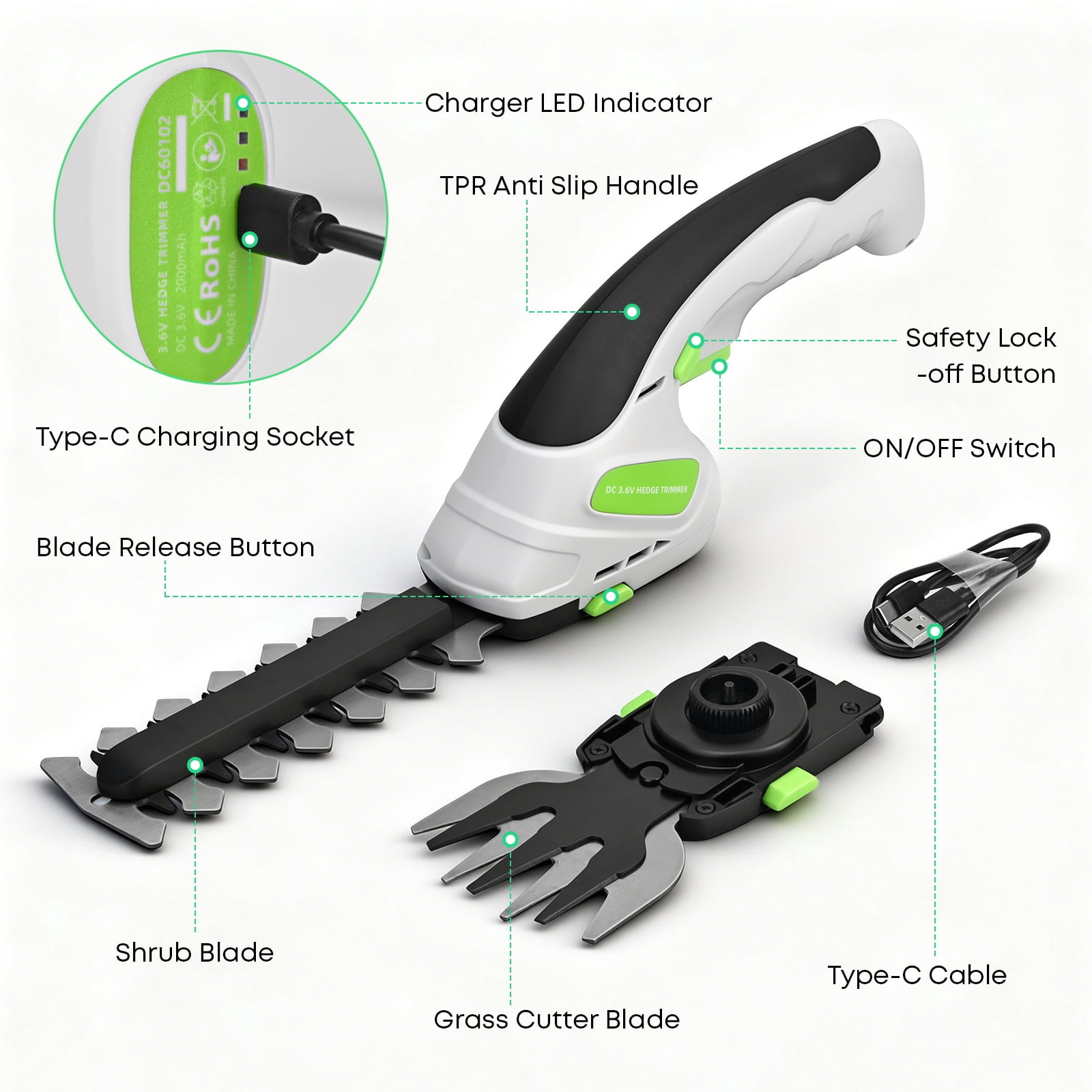 2-in-1 Cordless Hedge Trimmer Grass Shear, Handheld Electric, 2.0Ah Battery