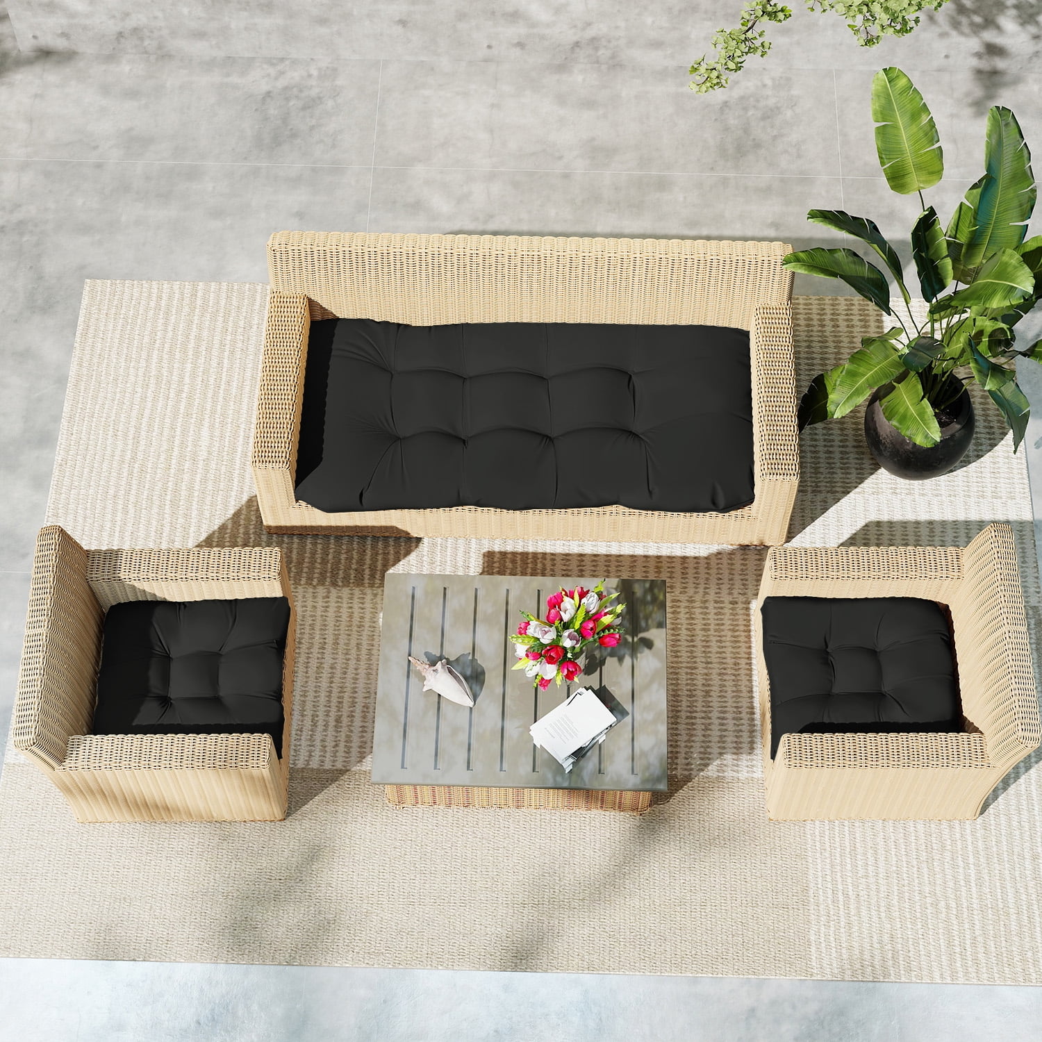 Tufted Wicker U-Shape Cushions Set of 2 ,Water and Fade-Resistant Performance Fabric , Outdoor Seat Cushions for Patio Furniture,22” x 22”(2 count)