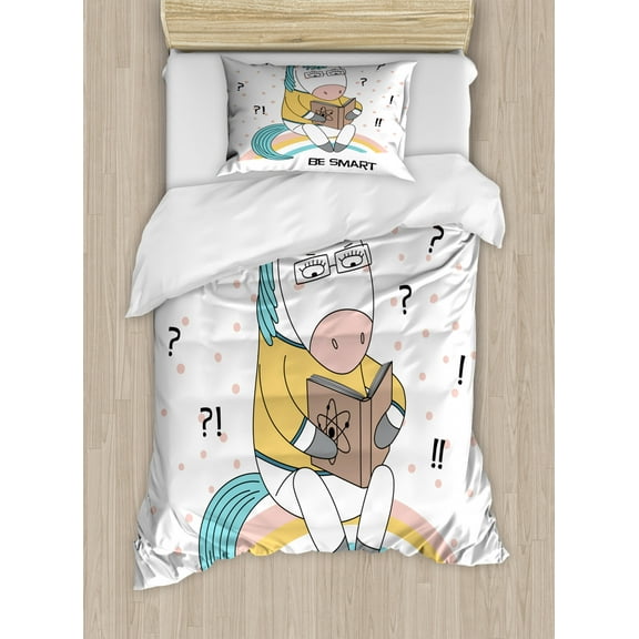 Geek Twin Size Duvet Cover Set, Pattern of Cartoon Unicorn Sitting on a Rainbow and Reading Book about Atomic Physics, Decorative 2 Piece Bedding Set with 1 Pillow Sham, Multicolor, by Ambesonne