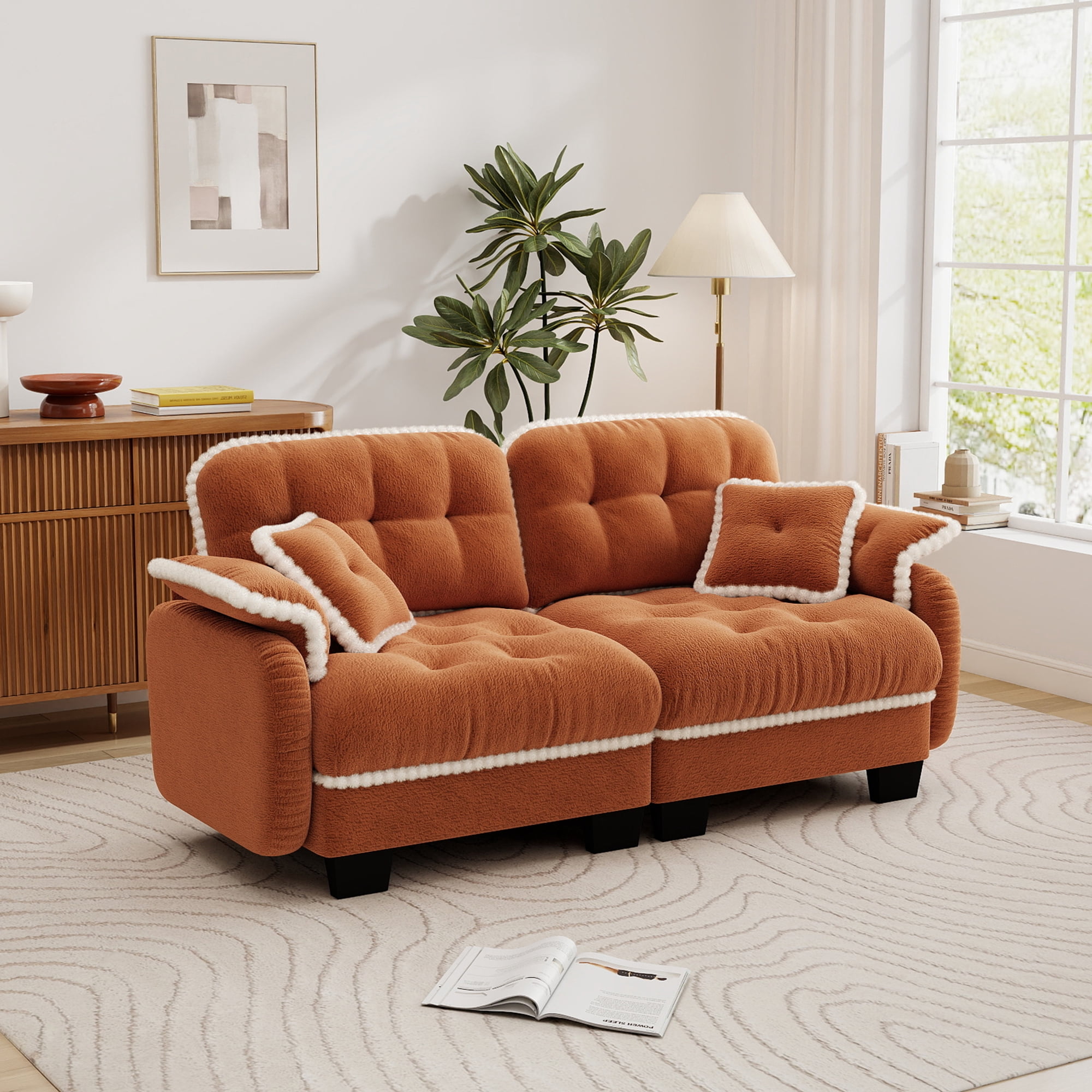 Aenkyo 70" Chenille Modular Loveseat with 23.8" Deep Seat and Pom-Pom Trim, Orange