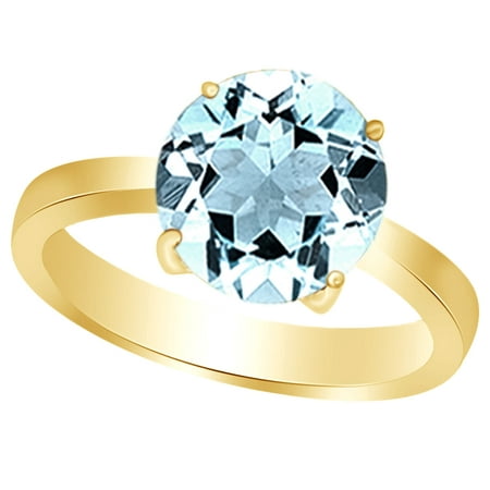 Aquamarine Solitaire - Round-Cut Simulated Blue Aquamarine March Birthstone Solitaire Ring In 14K Yellow Gold Over Sterling Silver (4 Cttw)