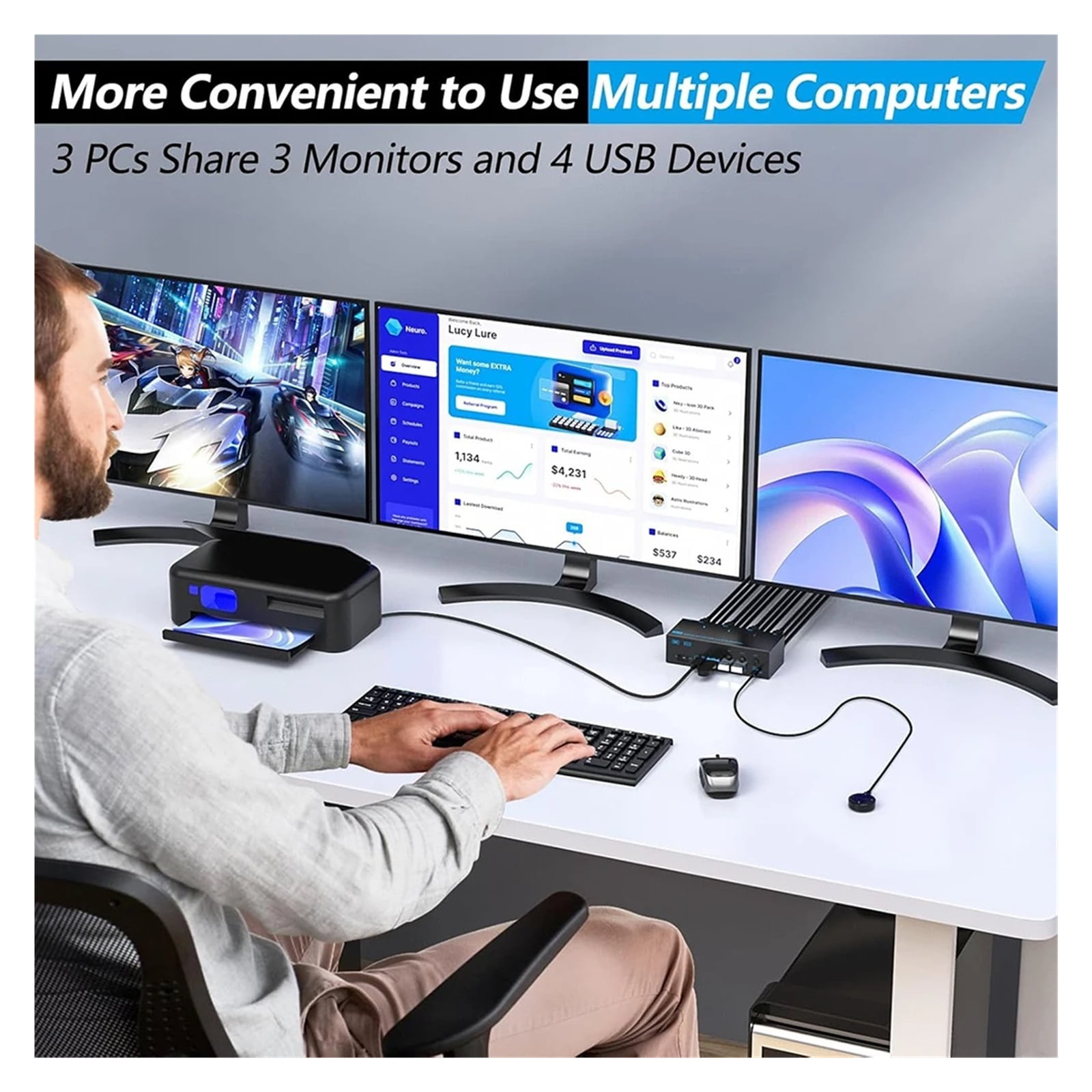 -compatible USB 3.0 KVM Switch 3 Monitors 3 Computers 8K60Hz 4K144Hz Triple Monitor KVM with 4 USB 3.0 Ports KVM Tripl