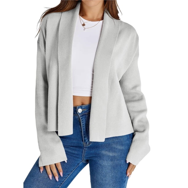 Cárdigan Corto para Mujer con Chal Abierto Al Frente, Chaqueta de Suéter de Larga de Moda de Otoño 2025 Gris M
