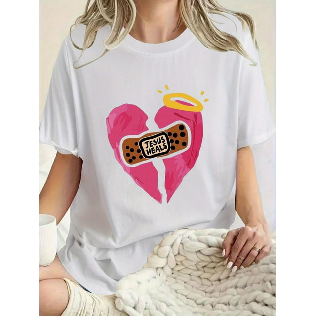 T-Shirt Graphique Décontracté Cœur & Croix pour Femmes, Manches Courtes, Col Rond avec Imprimé "Jesus Heals", Parfait pour Printemps/été, T-Shirts pour Adultes, Hommes, Femmes, Adolescents, Adolescentes, Adolescentes