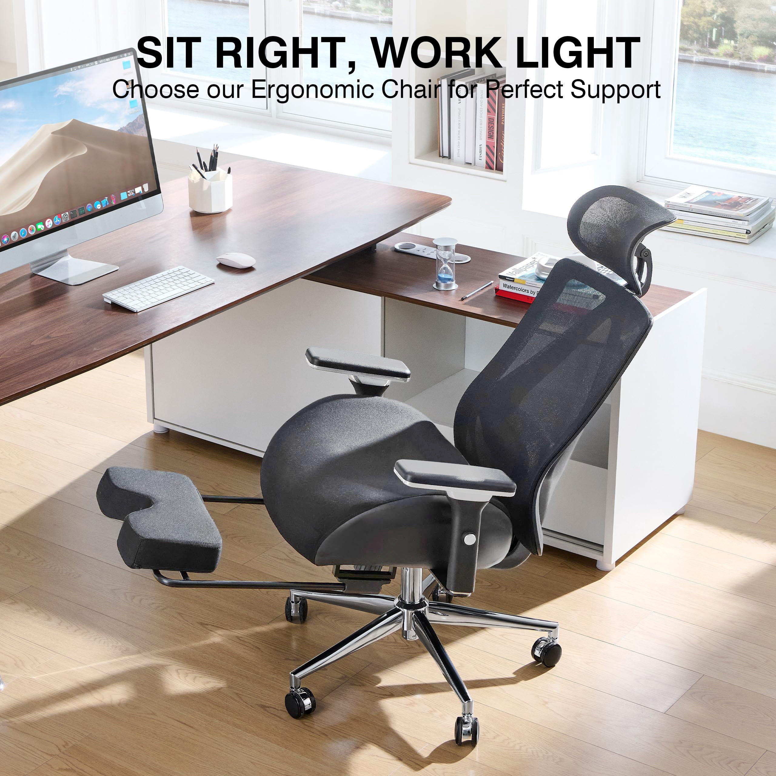 JONPONY Big and Tall Office Chair with Footrest, Ergonomic Mesh Office Chair with Thicken Wide Cushion, 4D Armrest, Adjustable Lumbar Support & Headrest, Grey