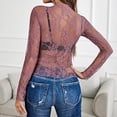 thumbnail image 3 of KDDYLITQ Mesh Tops for Women Long Sleeve Sheer Sexy Undershirt Mock Neck Floral Lace See Through Shirts Purple Pink XL, 3 of 4