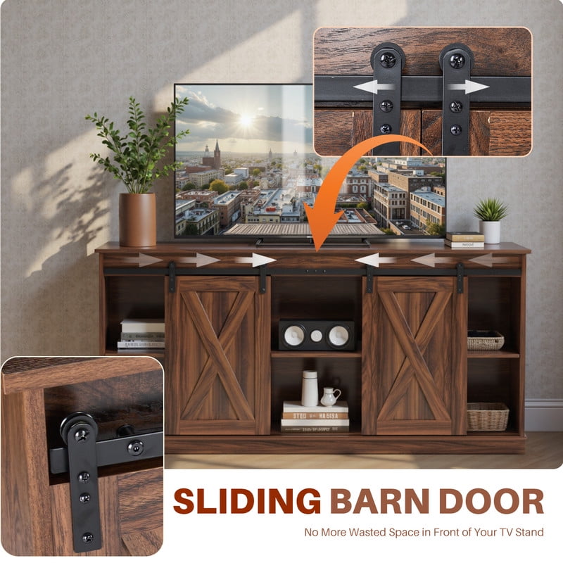 Bigleap 65 Inch TV Stand with Sliding Barn Doors, Adjustable Shelves Media Console, Farmhouse Entertainment Center for Living Room Storage，Brown
