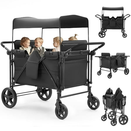 Stroller Wagon for 4 Kids, Linor Wagon Cart Featuring 4 High Seat with 5-Point Harnesses and Adjustable Canopy, Foldable Double Push Bar Wagon Stroller for Garden, Stroller, Camping (Black)