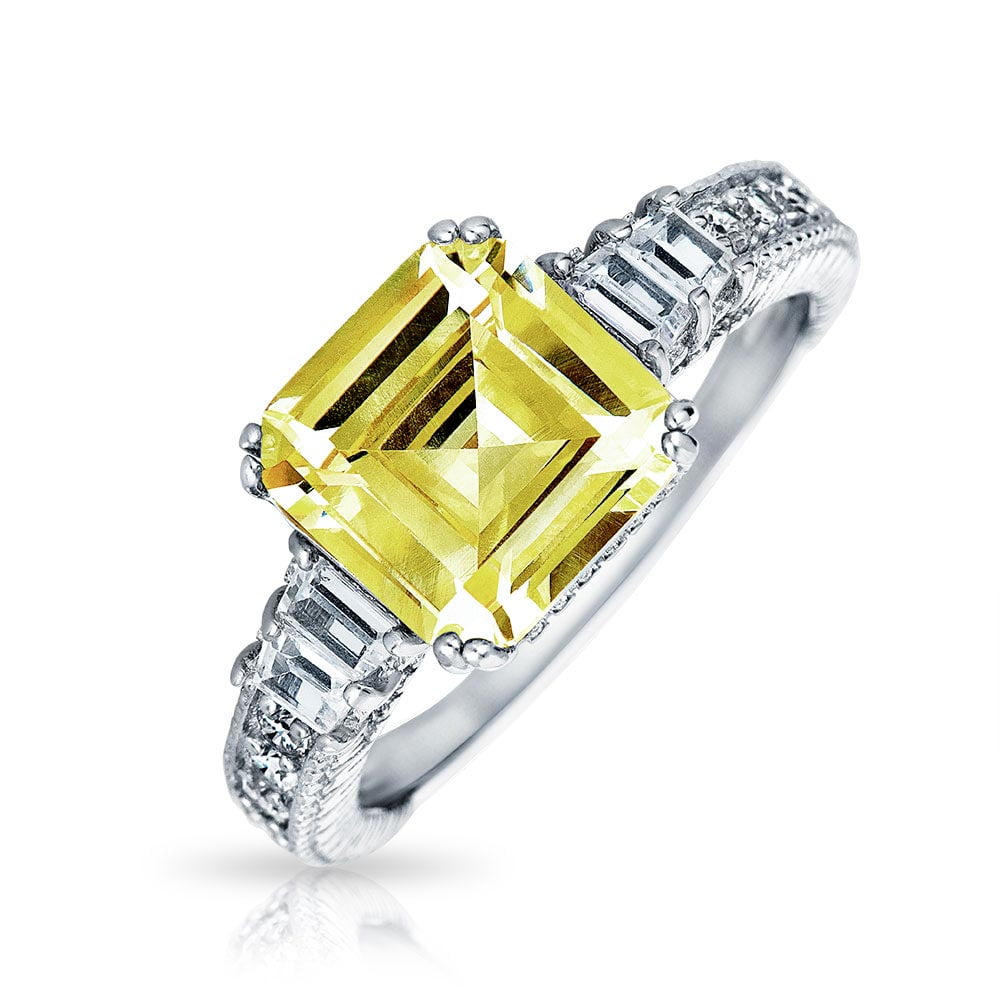 Art Deco Style 2CT Canary Yellow AAA CZ Square Asscher Cut Engagement Ring For Women Baguettes Band 925 Sterling Silver