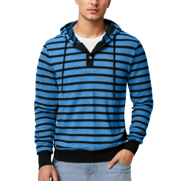 XIAONU Mens Hoodies Trendy Striped Print Drawstring Button Hoodie Loose Long-Sleeved Pullover Hooded Sweatshirt