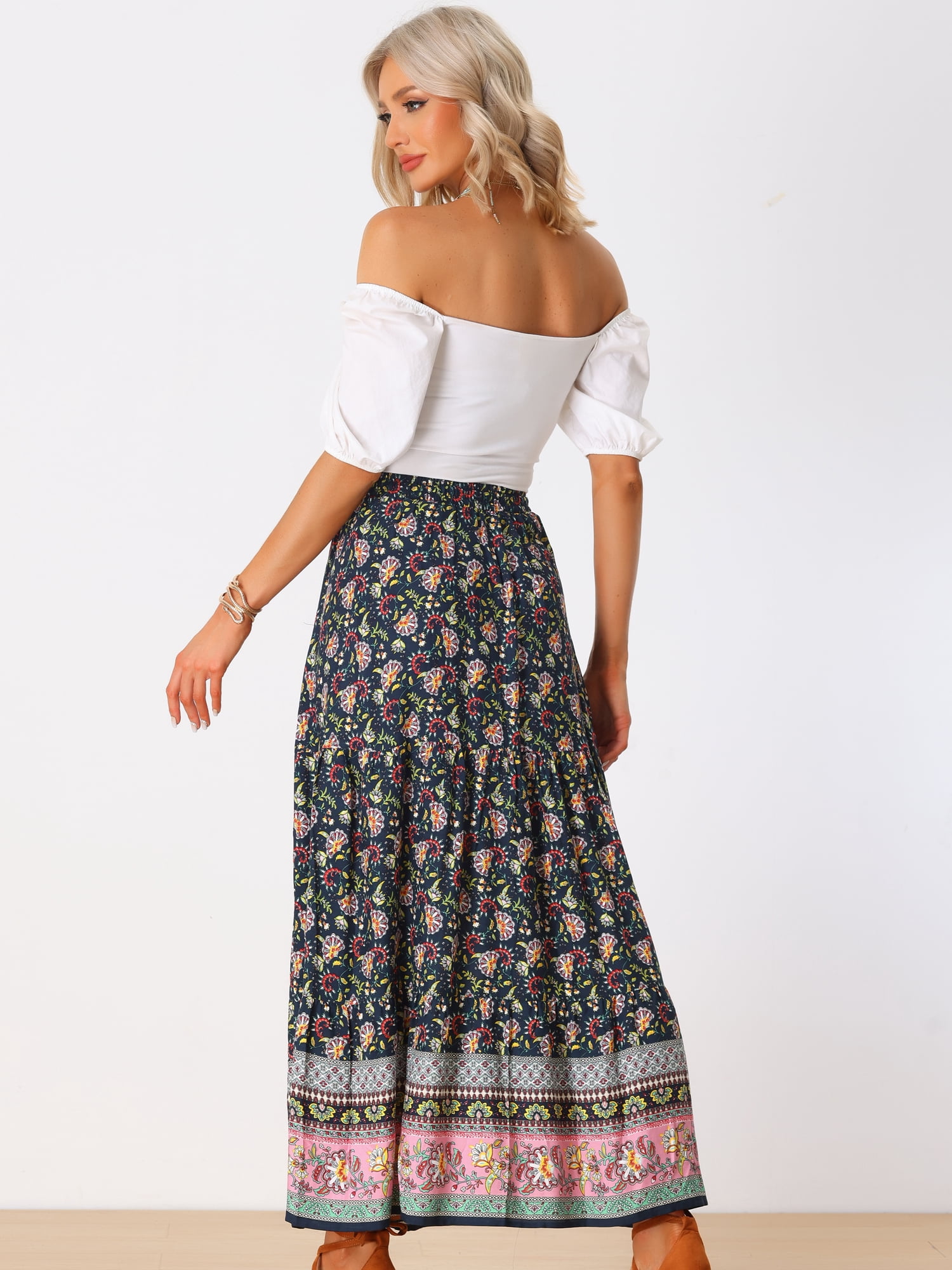 DARING DIVA Women's Boho Flare Floral Skirt S Navy Blue