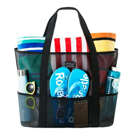 SoHo Collection, Mesh Beach Bag – Toy Tote Bag – Large Lightweight Market, Grocery & Picnic Tote with Oversized Pockets (Black and (Best Beach Bags 2019)