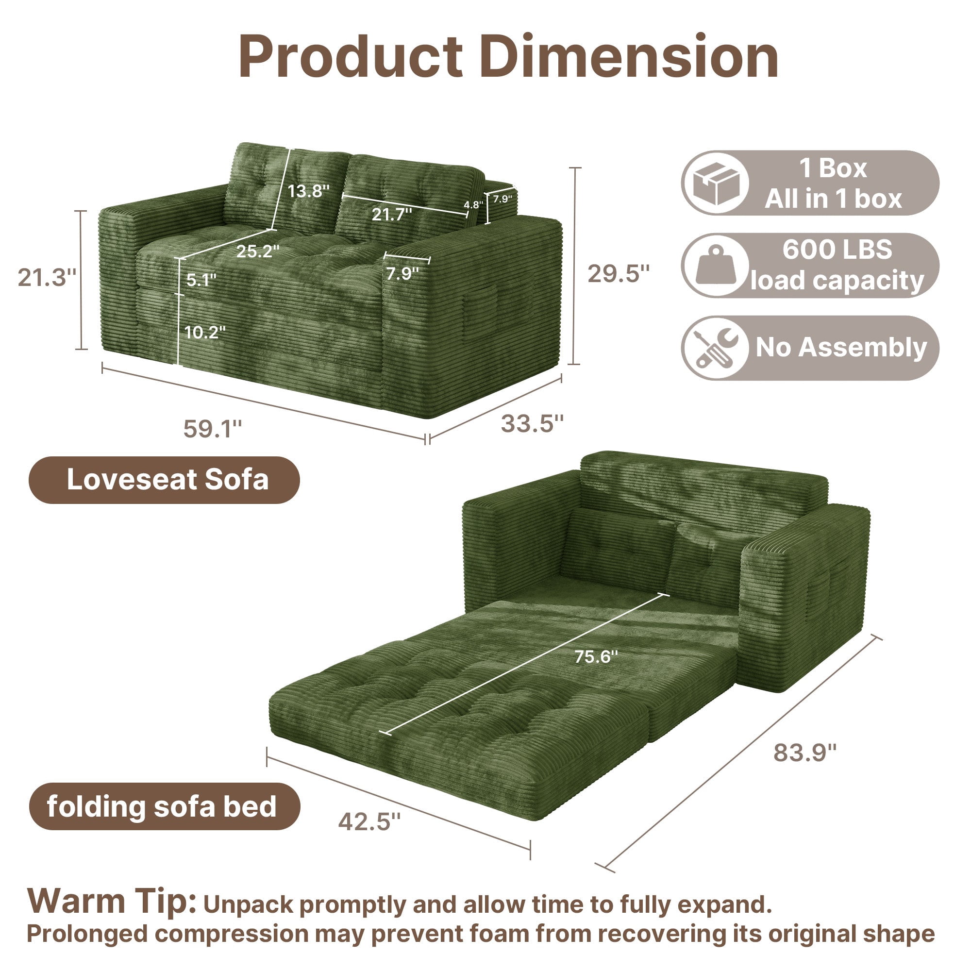Corduroy Convertible Sleeper Sofa Bed, Loveseat Couch with Storage Pockets & Pillow for Small Spaces, No-Assembly Floor Sofa for Living Room Bedroom Apartment, Green
