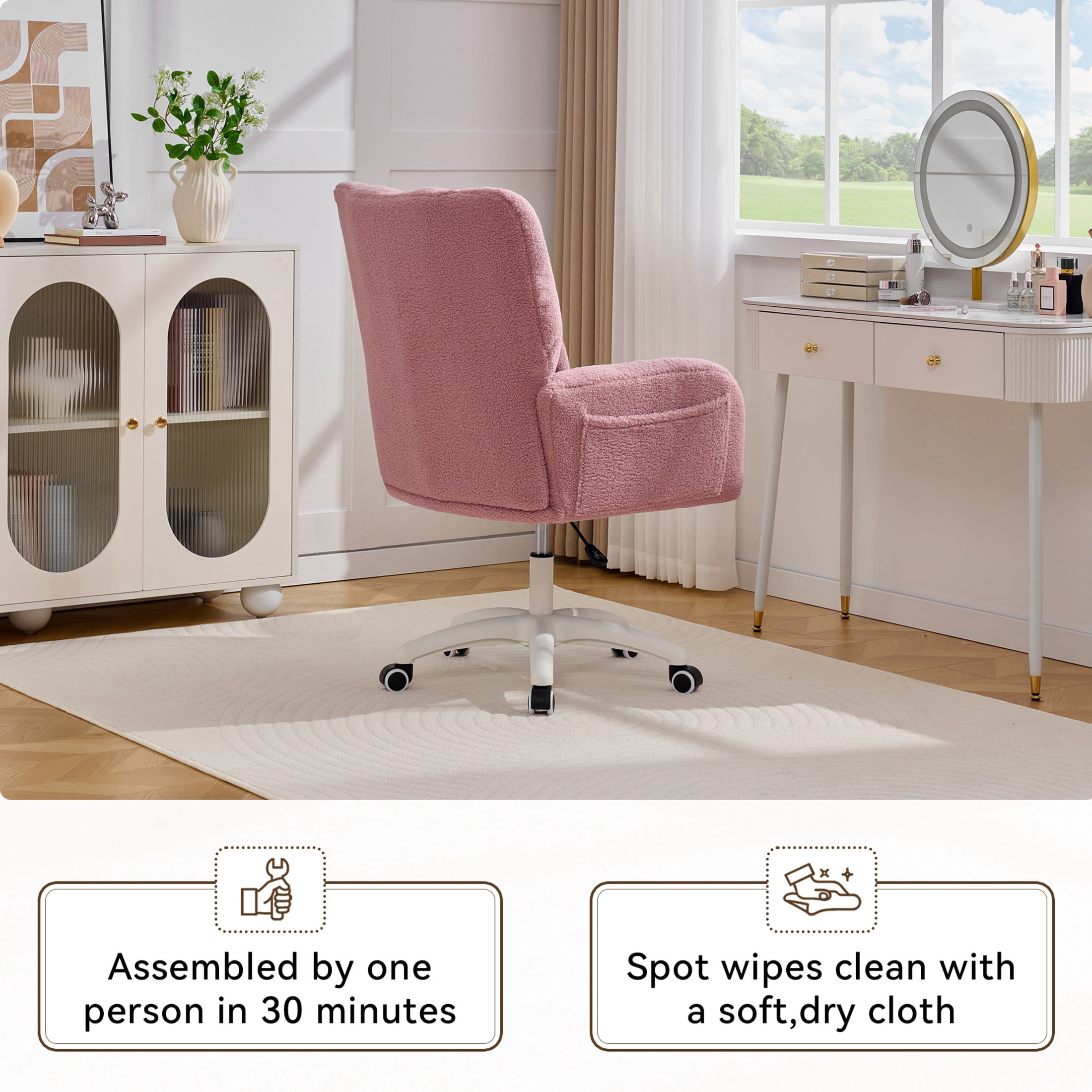 Noble House Sheila Teddy Fabric Swivel Office Chair, High Back Desk Chair with Lumbar Pillow & Storage Pockets, Pink