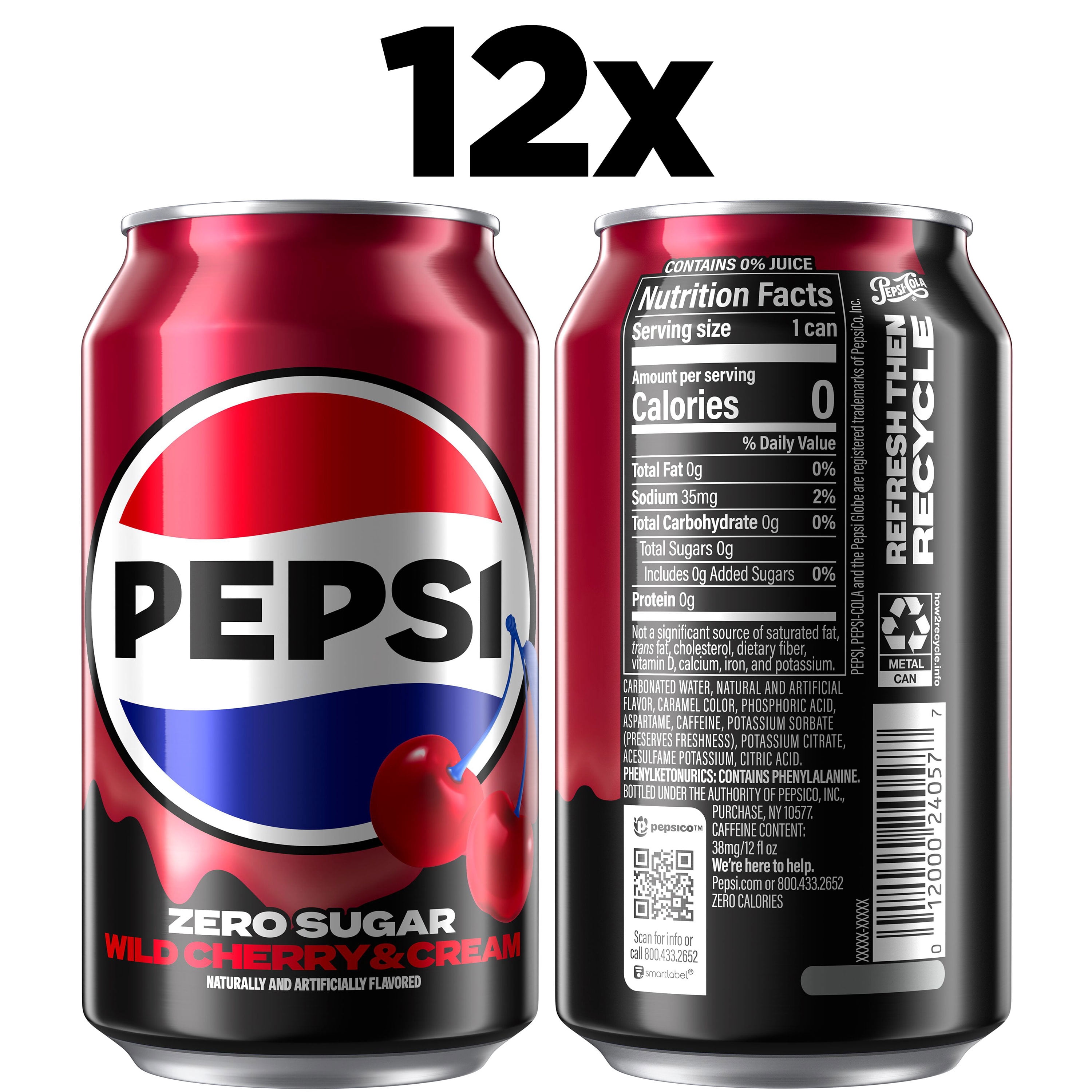 Pepsi Zero Sugar Soda Wild Cherry & Cream 12 fl oz Cans Pack
