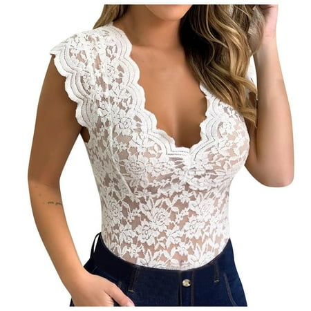 

fartey Lace Bodysuit for Women Tummy Control Shapewear V Neck Sleeveless Tops Sheer Mesh Floral Lace One Piece Body Shaper