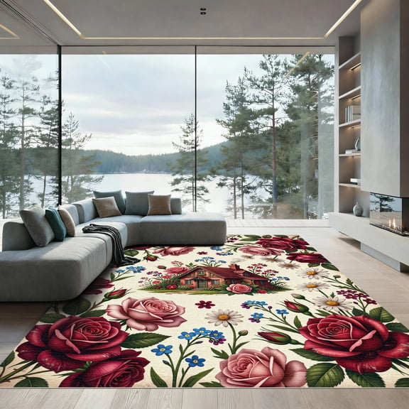 ODIKA 4'x6' Machine Washable Non-Slip Area Rug, Cottagecore Red High Traffic Rug, Red, 1125484